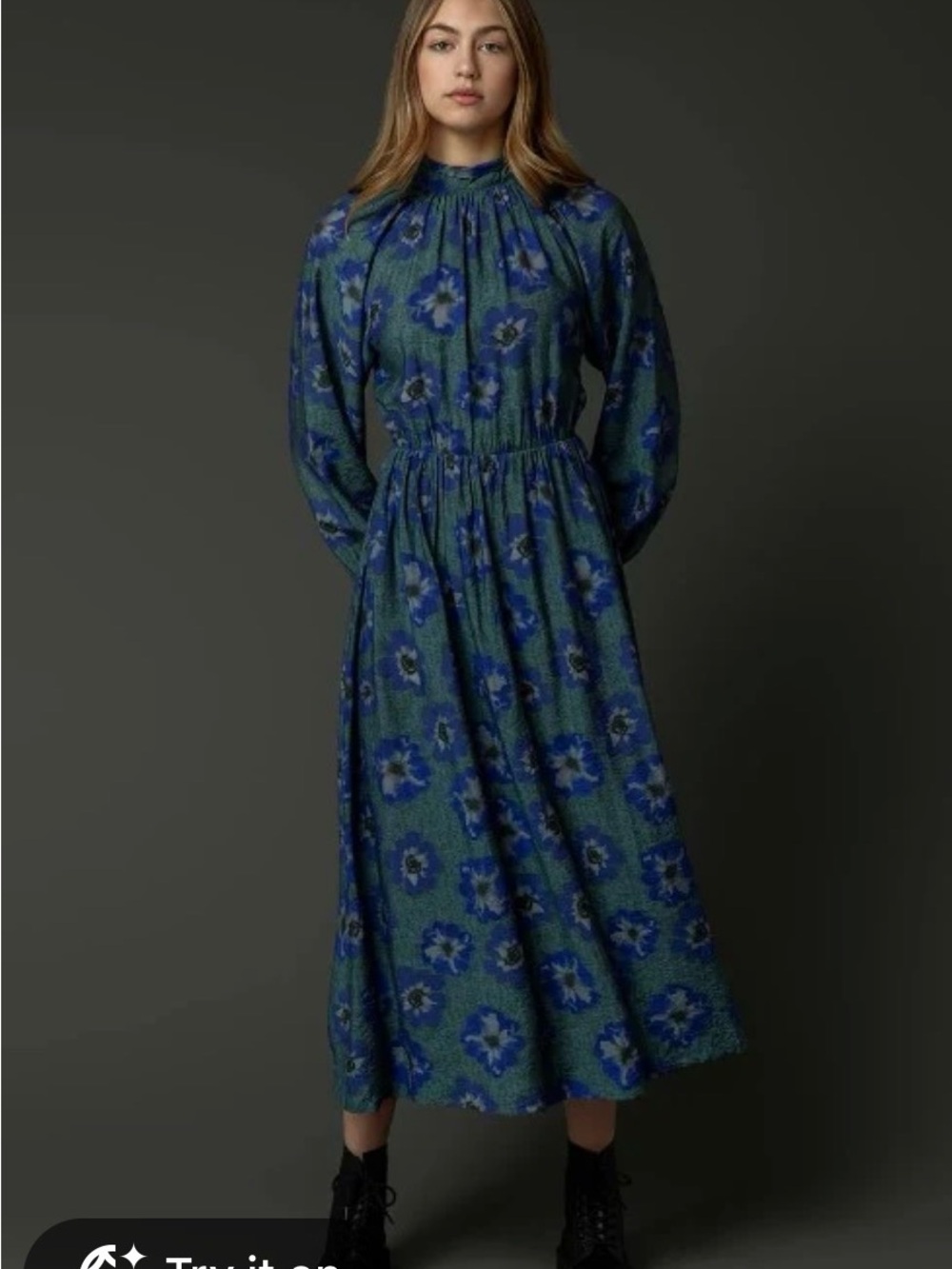 High-Neck Blue Floral Midi Dress with Elastic Waist